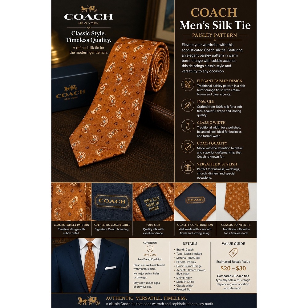 Coach Mens Silk Tie Burnt Orange Paisley Medallion Handmade USA Business Formal